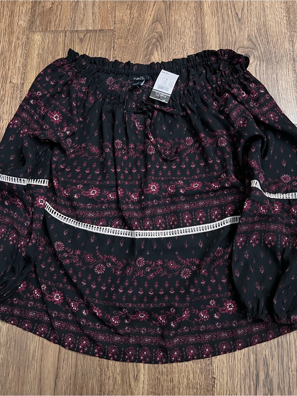 Rue21 Black Off-Shoulder Top with Burgundy Floral Print